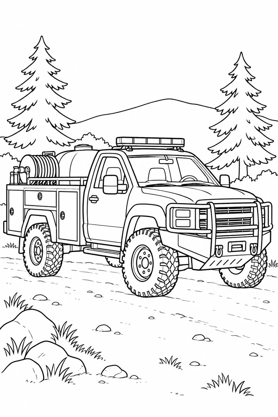 A compact off-road fire truck with a water tank and hose reel stands on a stony road between conifers.