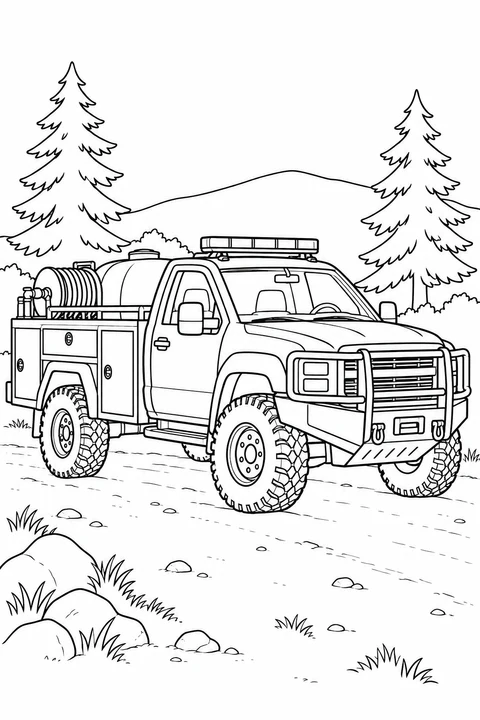 A compact off-road fire truck with a water tank and hose reel stands on a stony road between conifers.