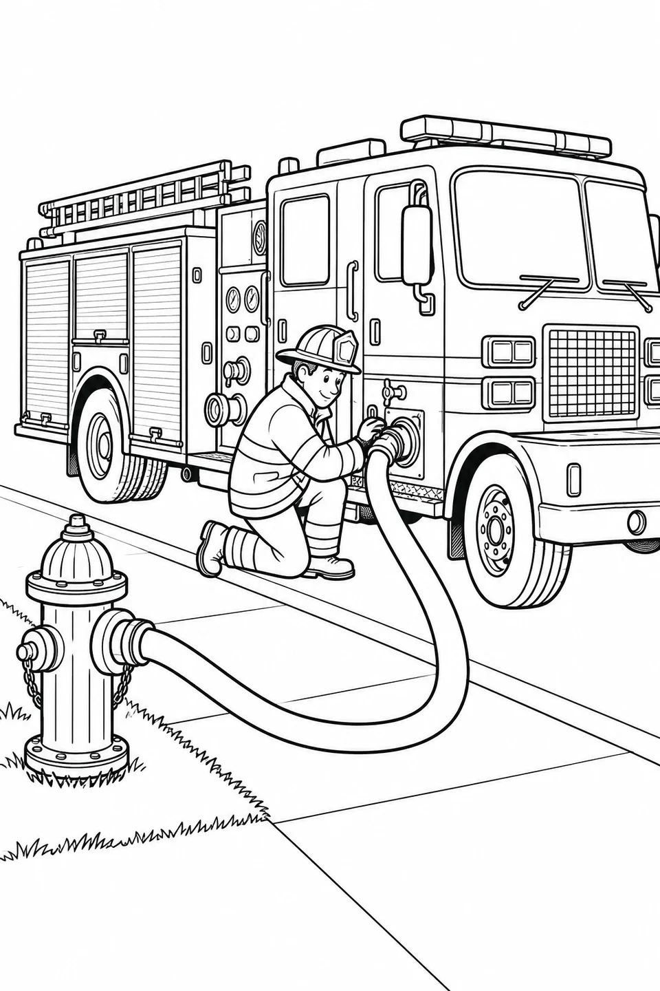 A kneeling firefighter checks the truck-side coupling of a hose connected to a sidewalk hydrant.