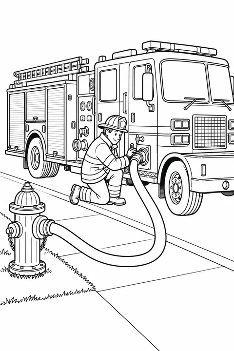 A kneeling firefighter checks the truck-side coupling of a hose connected to a sidewalk hydrant.