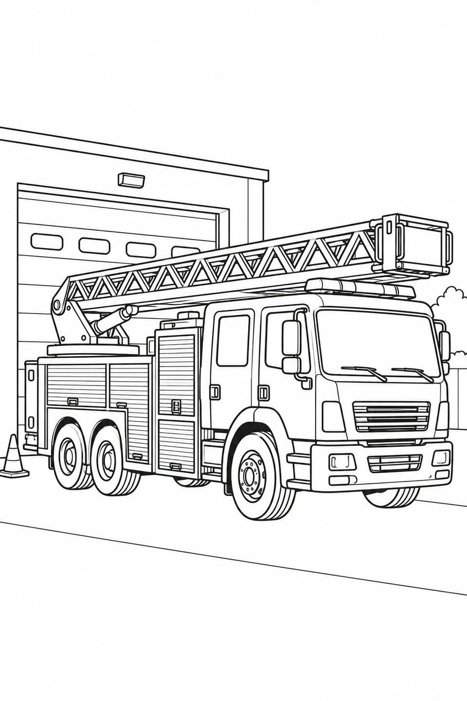 A three-axle ladder truck rests outside the station with its long ladder and basket folded above the cab.
