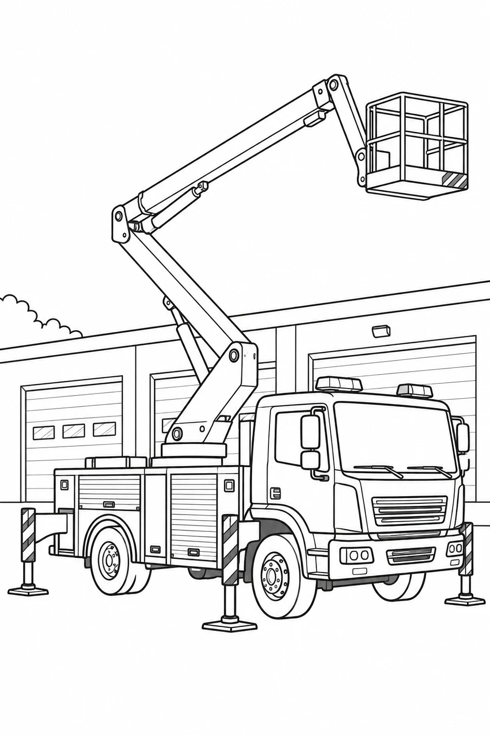 Fire truck with deployed stabilizers and an articulated boom holding an empty basket above the station.