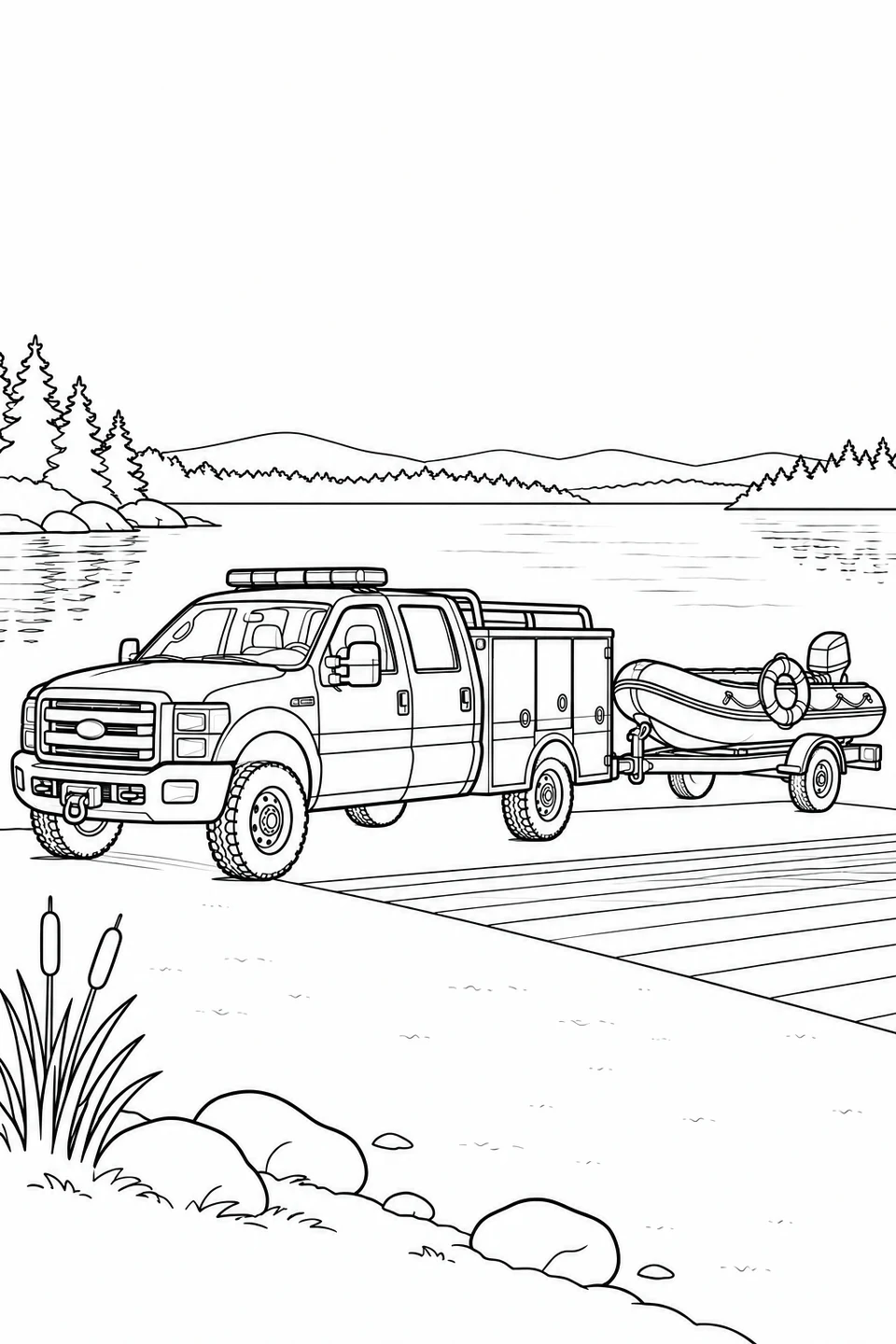 A rescue utility truck tows an inflatable dinghy on a trailer beside a calm lake, with a life ring on the boat.