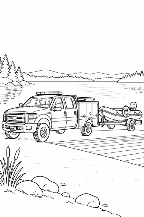A rescue utility truck tows an inflatable dinghy on a trailer beside a calm lake, with a life ring on the boat.
