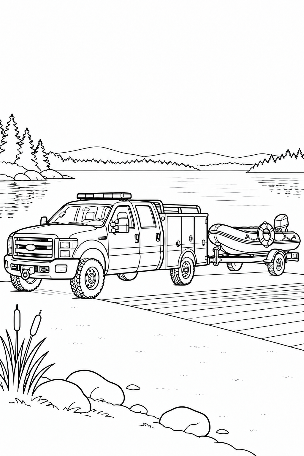 A rescue utility truck tows an inflatable dinghy on a trailer beside a calm lake, with a life ring on the boat.