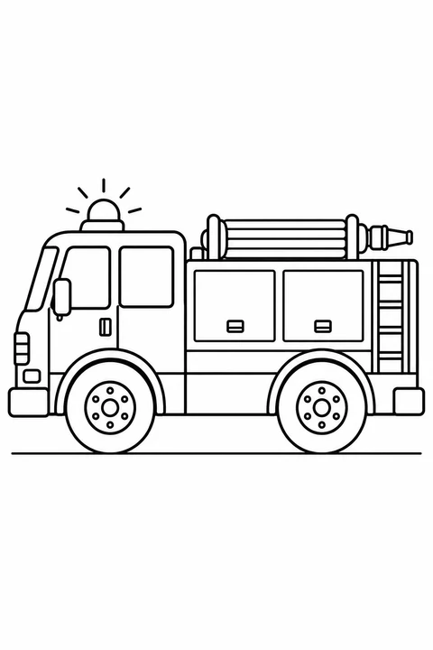 A side-view fire engine has two large wheels, a roof beacon, a rolled hose and two equipment doors.