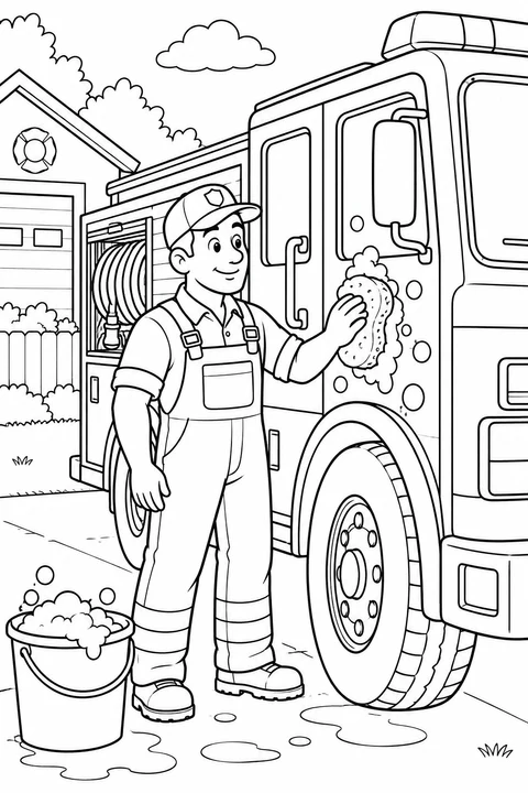 A firefighter uses a sponge to wash the truck door beside a bucket of bubbles in a close-up station-yard scene.