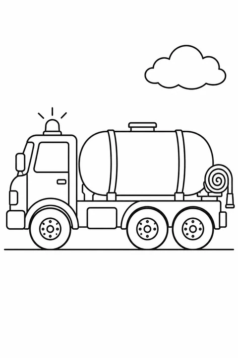 A simple water tanker has a rounded tank, three large side wheels, a beacon and a hose reel at the back.