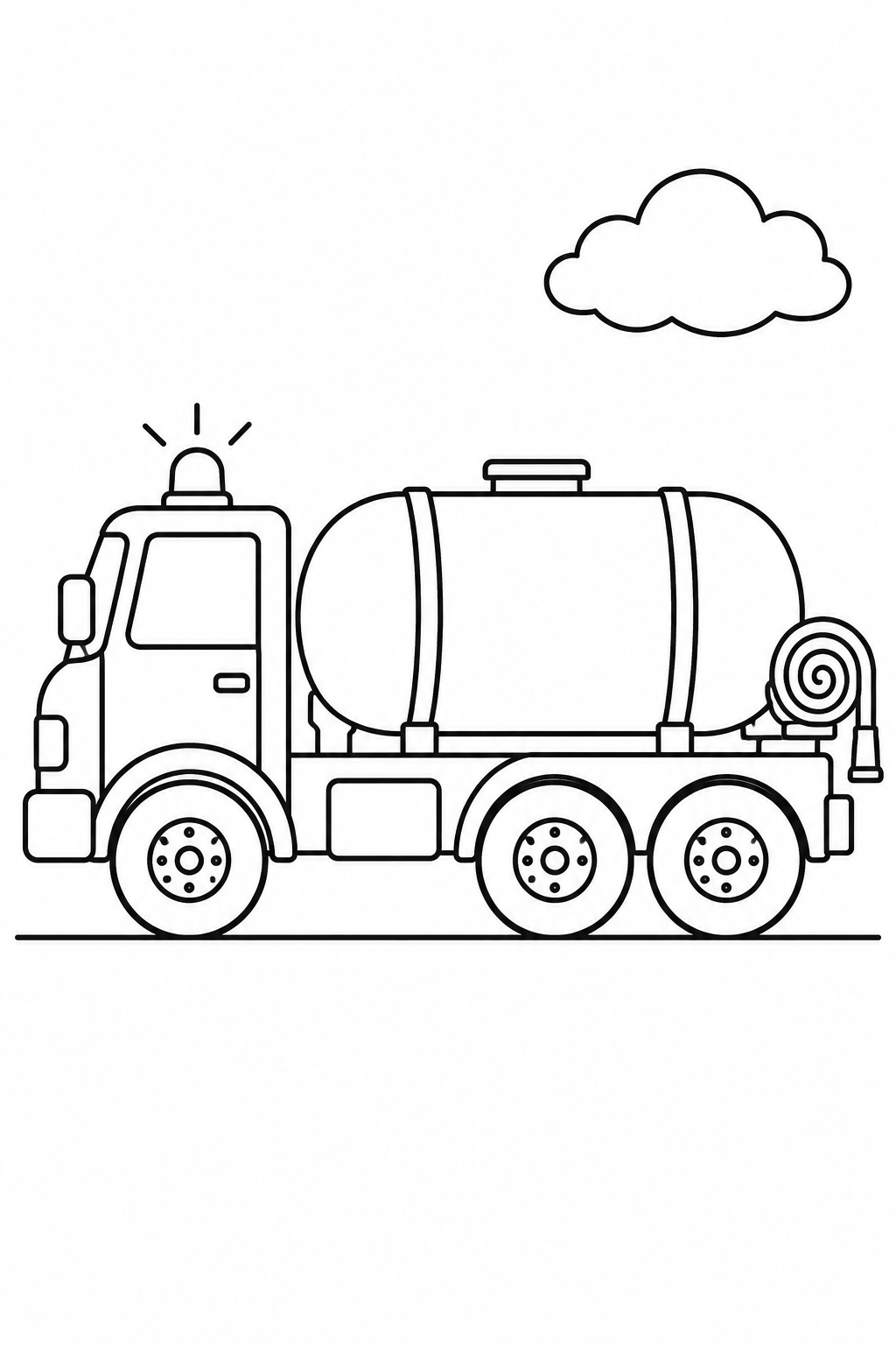 A simple water tanker has a rounded tank, three large side wheels, a beacon and a hose reel at the back.