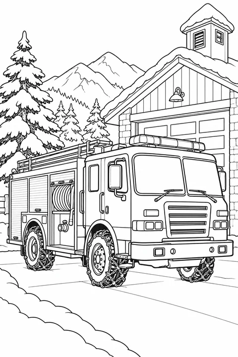 A fire engine fitted with tire chains stands outside a snowy mountain station, with a hose reel and roof lights.