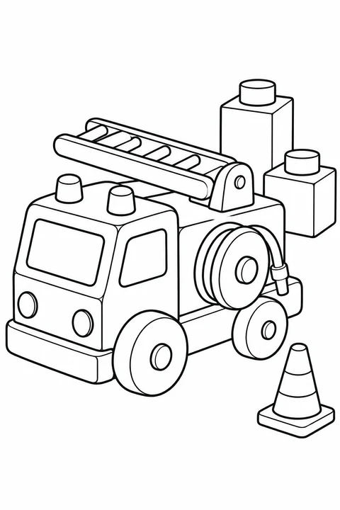 A chunky toy fire truck has a short ladder and large hose reel, with a toy cone and two blocks beside it.