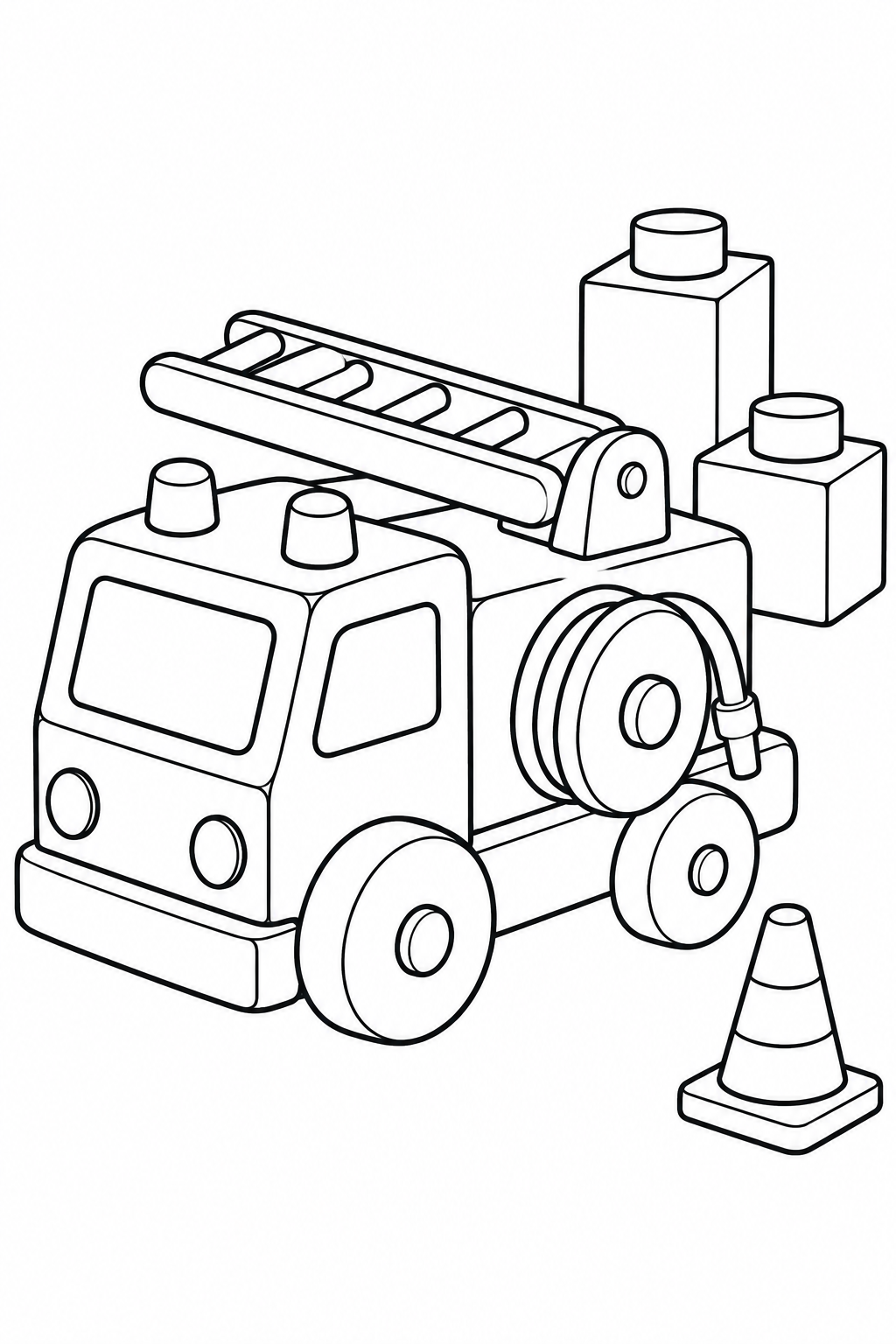 Um caminhão de brinquedo tem escada curta e um grande carretel de mangueira, com um cone e dois blocos ao lado.