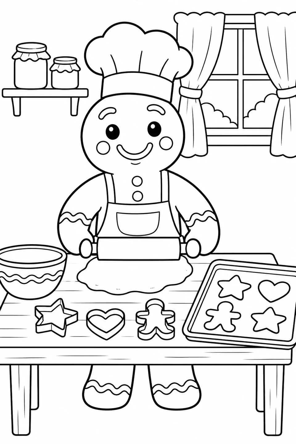 A gingerbread baker rolls dough beside cookie cutters, a bowl and a tray of shaped cookies.