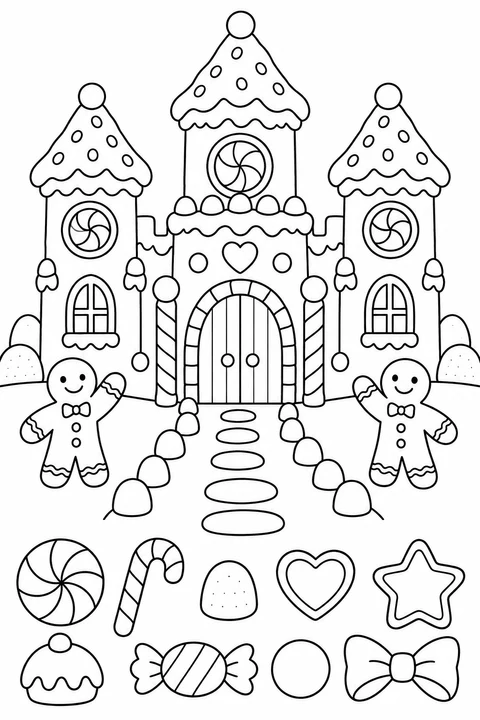A three-tower gingerbread castle has spiral candy windows, a candy path and two waving cookie friends.