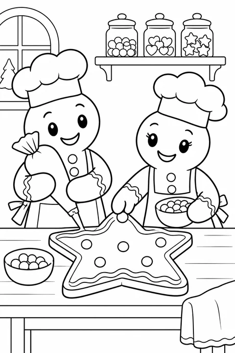 Two gingerbread bakers decorate a large star cookie with icing and round candies.