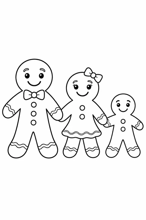 Three gingerbread friends of different sizes hold hands, with icing cuffs, buttons and bows.