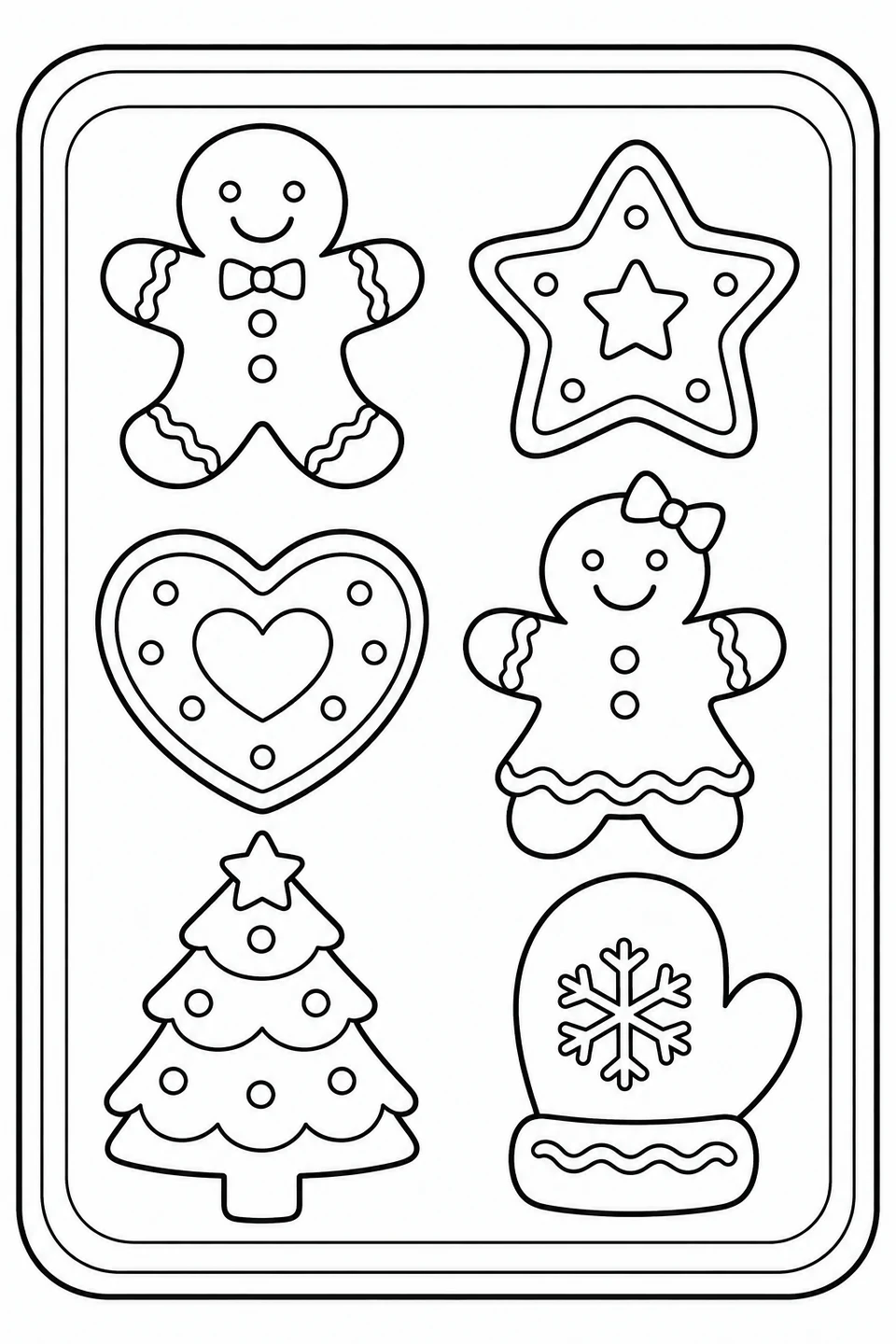 Six cookies fill a tray: two gingerbread friends, a star, a heart, a tree and a mitten.