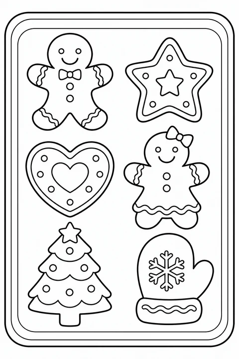 Six cookies fill a tray: two gingerbread friends, a star, a heart, a tree and a mitten.