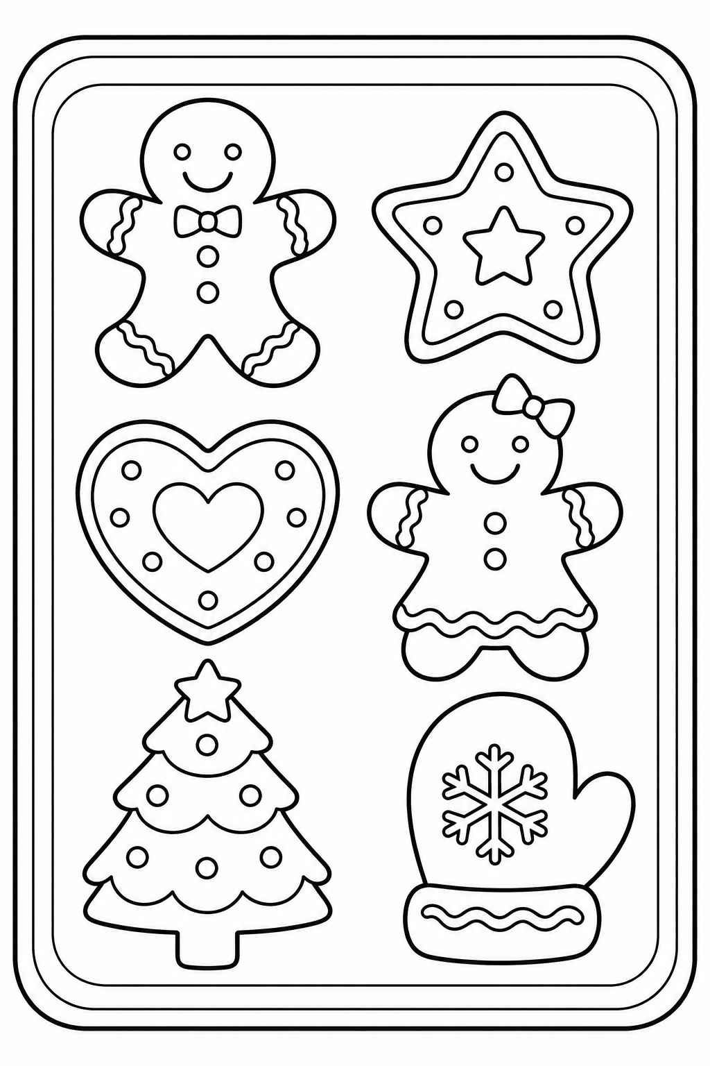 Nella teglia ci sono sei biscotti: due omini, una stella, un cuore, un albero e una muffola.