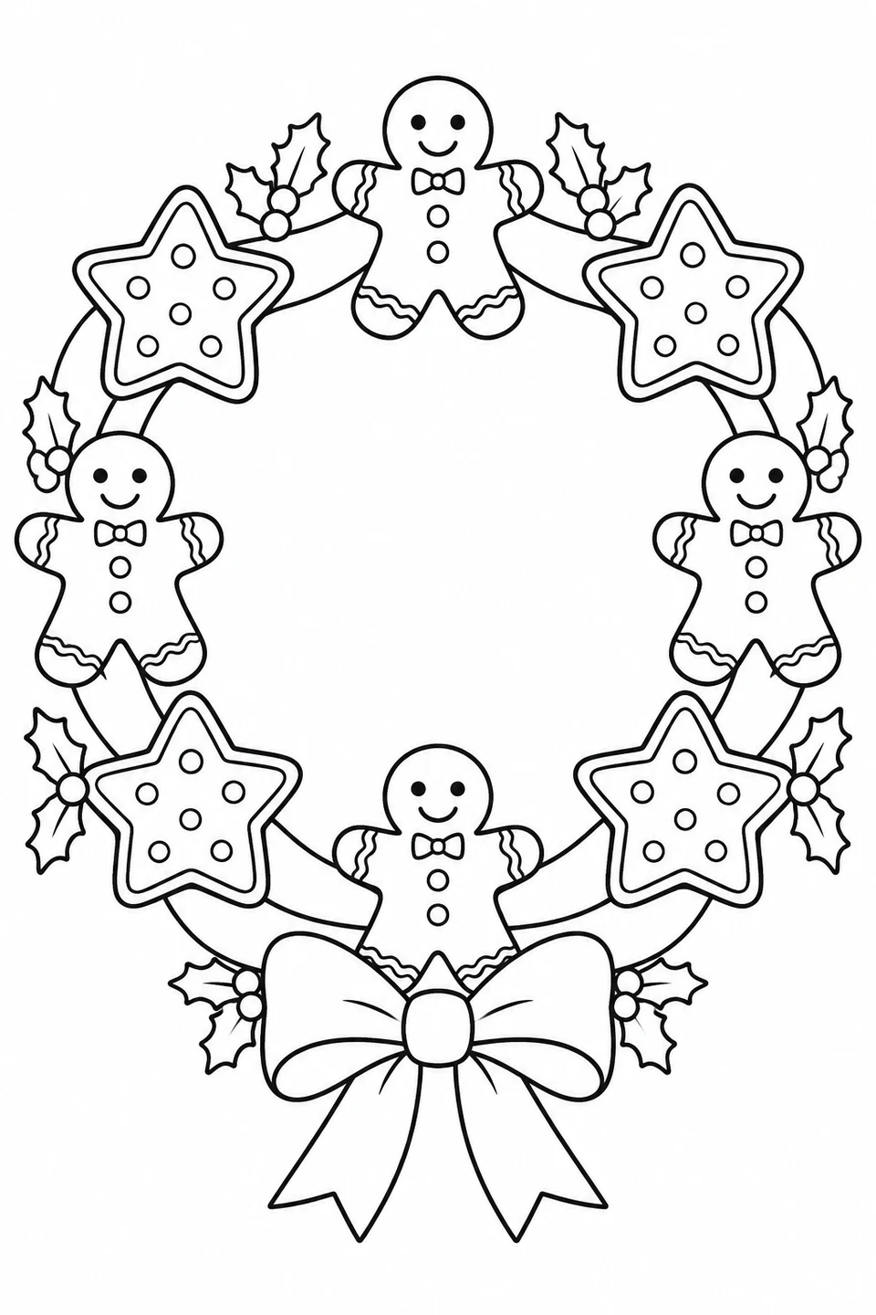 A wreath of four gingerbread figures and four star cookies with a large bow.