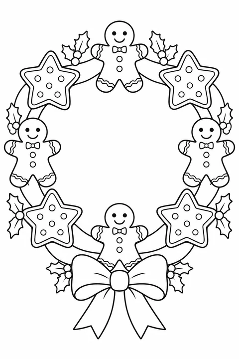 A wreath of four gingerbread figures and four star cookies with a large bow.