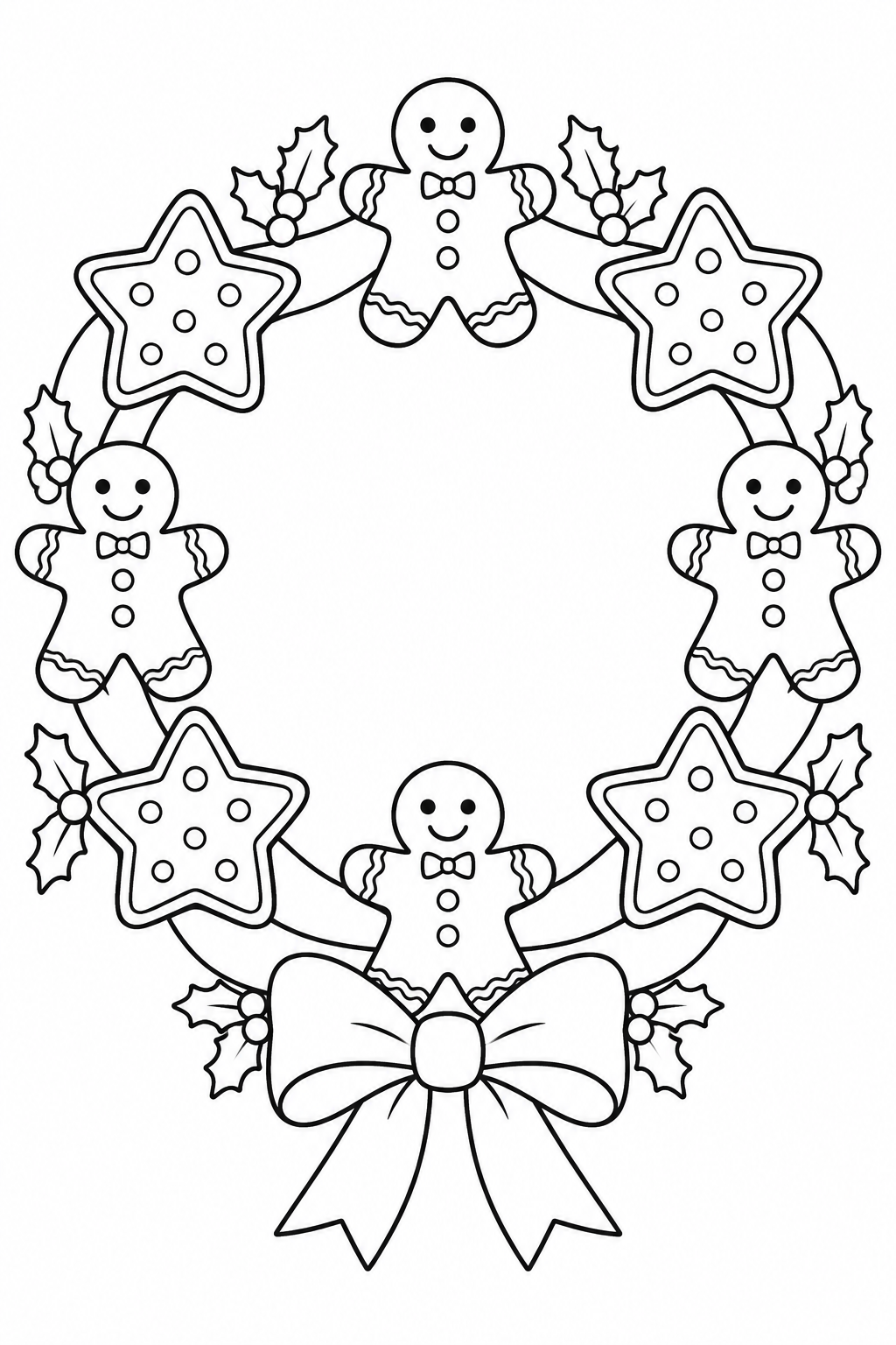 A wreath of four gingerbread figures and four star cookies with a large bow.