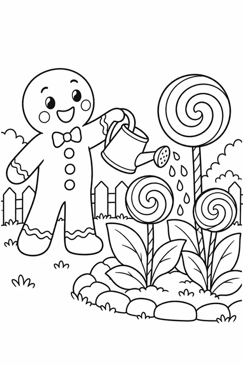 A gingerbread gardener waters three lollipop flowers beside a low fence.