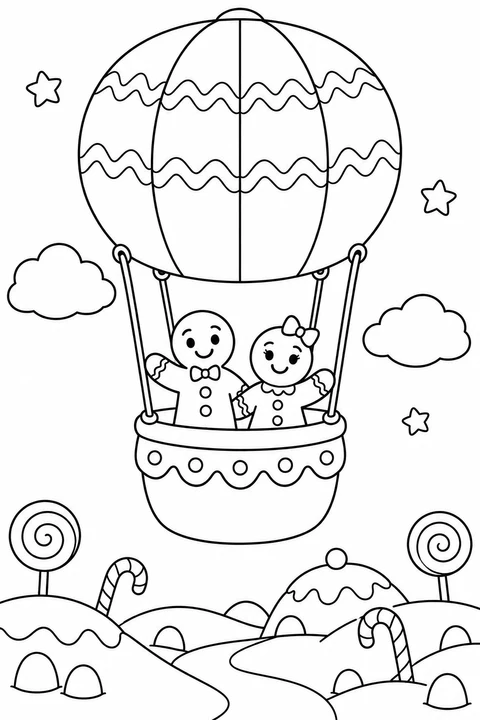 Two smiling gingerbread figures ride in a hot air balloon with wavy bands above candy hills.