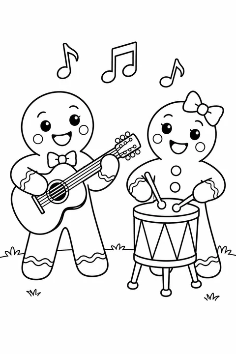 Two gingerbread friends play a guitar and a drum beneath large outlined music notes.