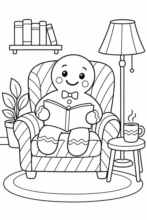A gingerbread friend reads in a striped armchair beside a lamp, a mug and a shelf of books.