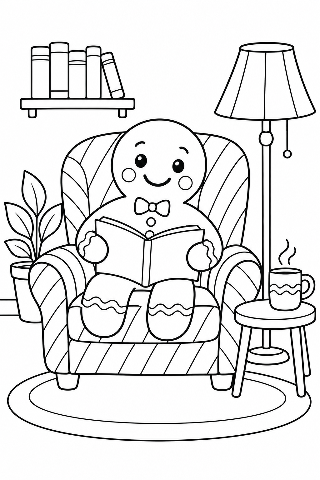 Un bonhomme de pain d’épices lit dans un fauteuil rayé, près d’une lampe, d’une tasse et d’une étagère de livres.
