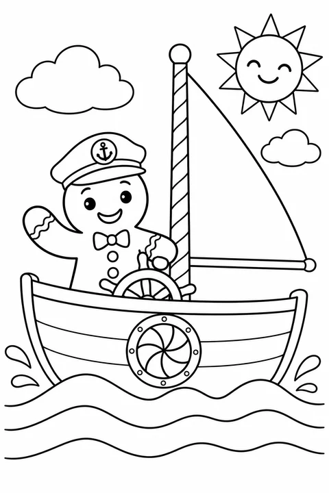 A gingerbread captain waves from a sailboat with a striped mast and a spiral candy porthole.