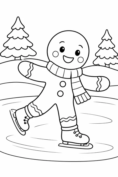 A gingerbread figure with a striped scarf skates on a frozen pond between two trees.