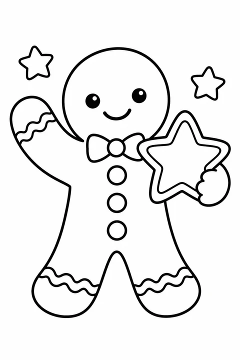 A smiling gingerbread friend holds a star cookie and waves, with a bow tie and three round buttons.