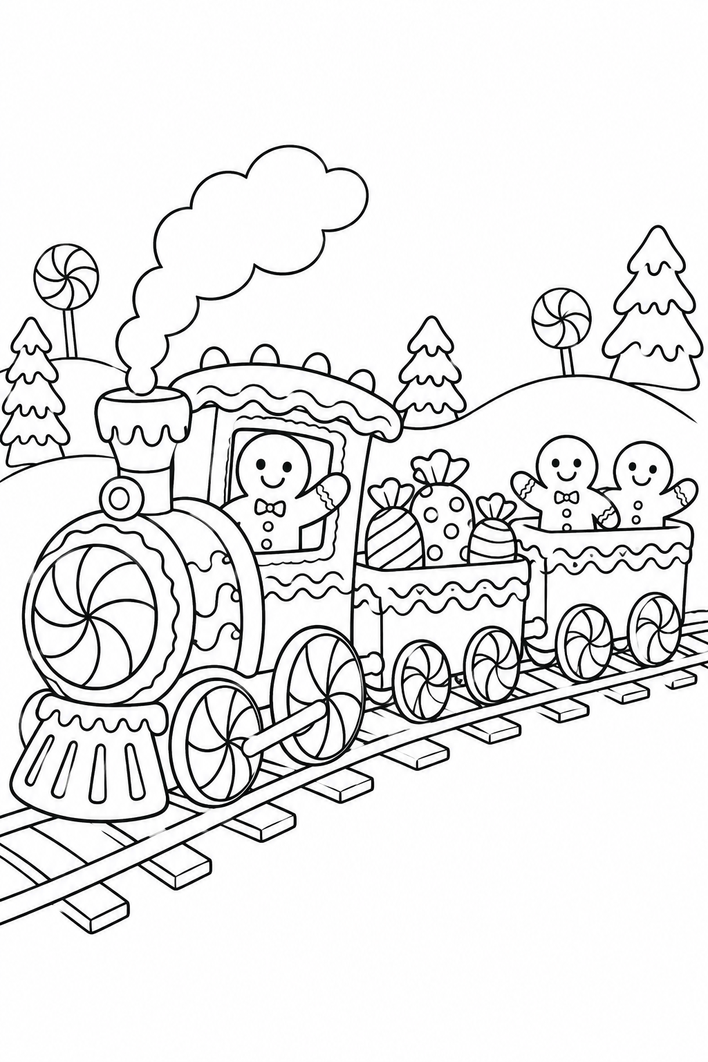 A gingerbread train carries candy parcels and smiling passengers on spiral candy wheels.