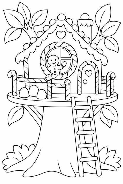 A gingerbread friend waves from a treehouse with a spiral candy window, candy railings and a ladder.