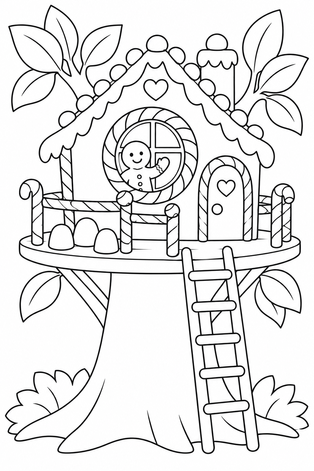 A gingerbread friend waves from a treehouse with a spiral candy window, candy railings and a ladder.
