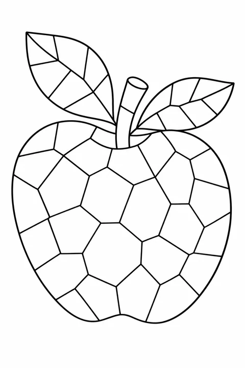 A large apple with a stem and two leaves is divided into roomy mosaic pieces.
