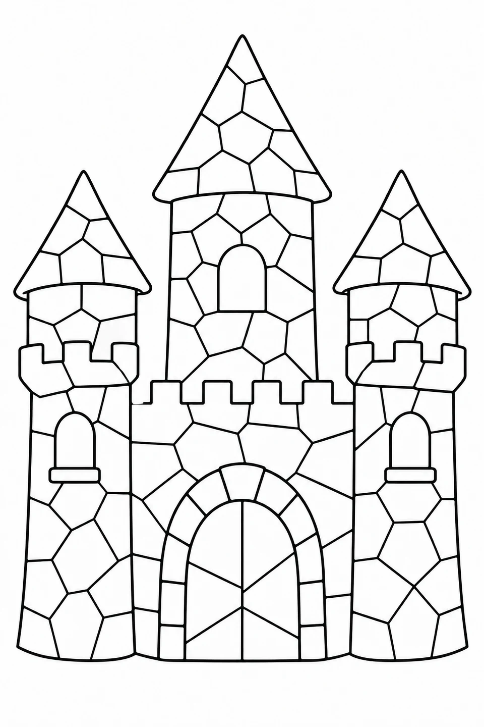 Three pointed towers, arched windows and a large doorway form a castle of mosaic pieces.