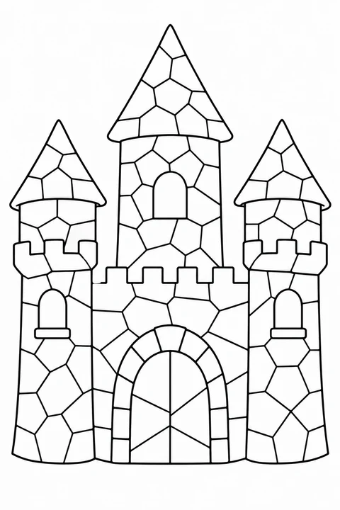 Three pointed towers, arched windows and a large doorway form a castle of mosaic pieces.