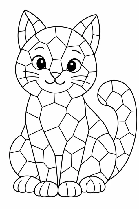 A friendly seated cat has four paws, a curled tail and clear mosaic sections.