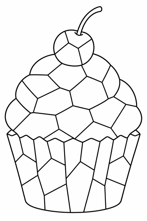 A cherry-topped cupcake has mosaic pieces across the frosting and paper cup.