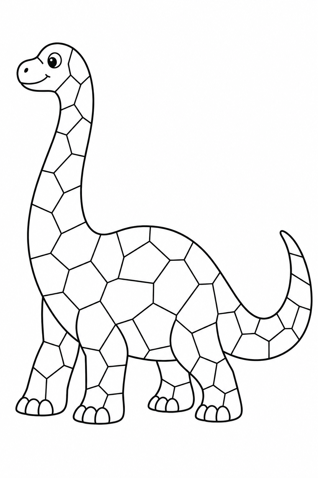 A smiling long-neck dinosaur has four feet and a curved tail filled with mosaic pieces.