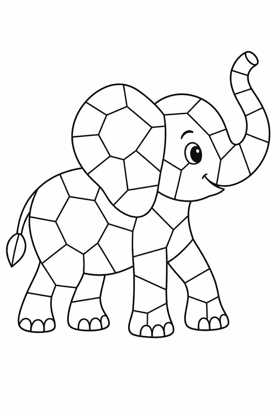A friendly elephant raises its trunk, with broad mosaic pieces across its ear, body and legs.