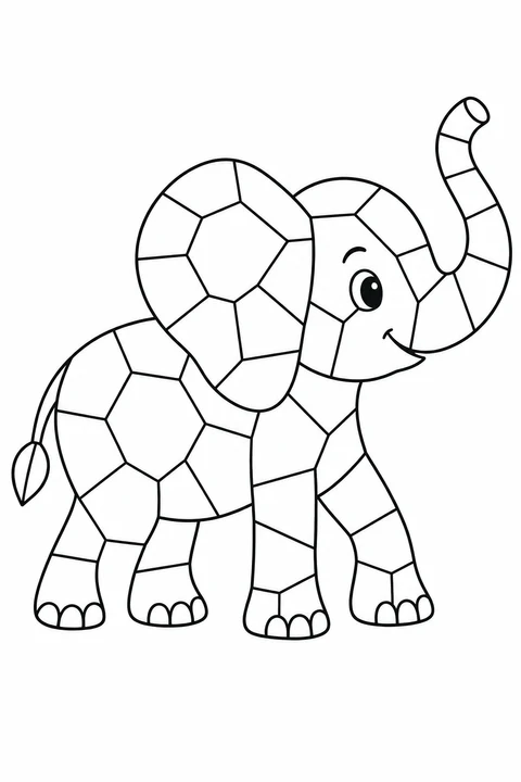 A friendly elephant raises its trunk, with broad mosaic pieces across its ear, body and legs.