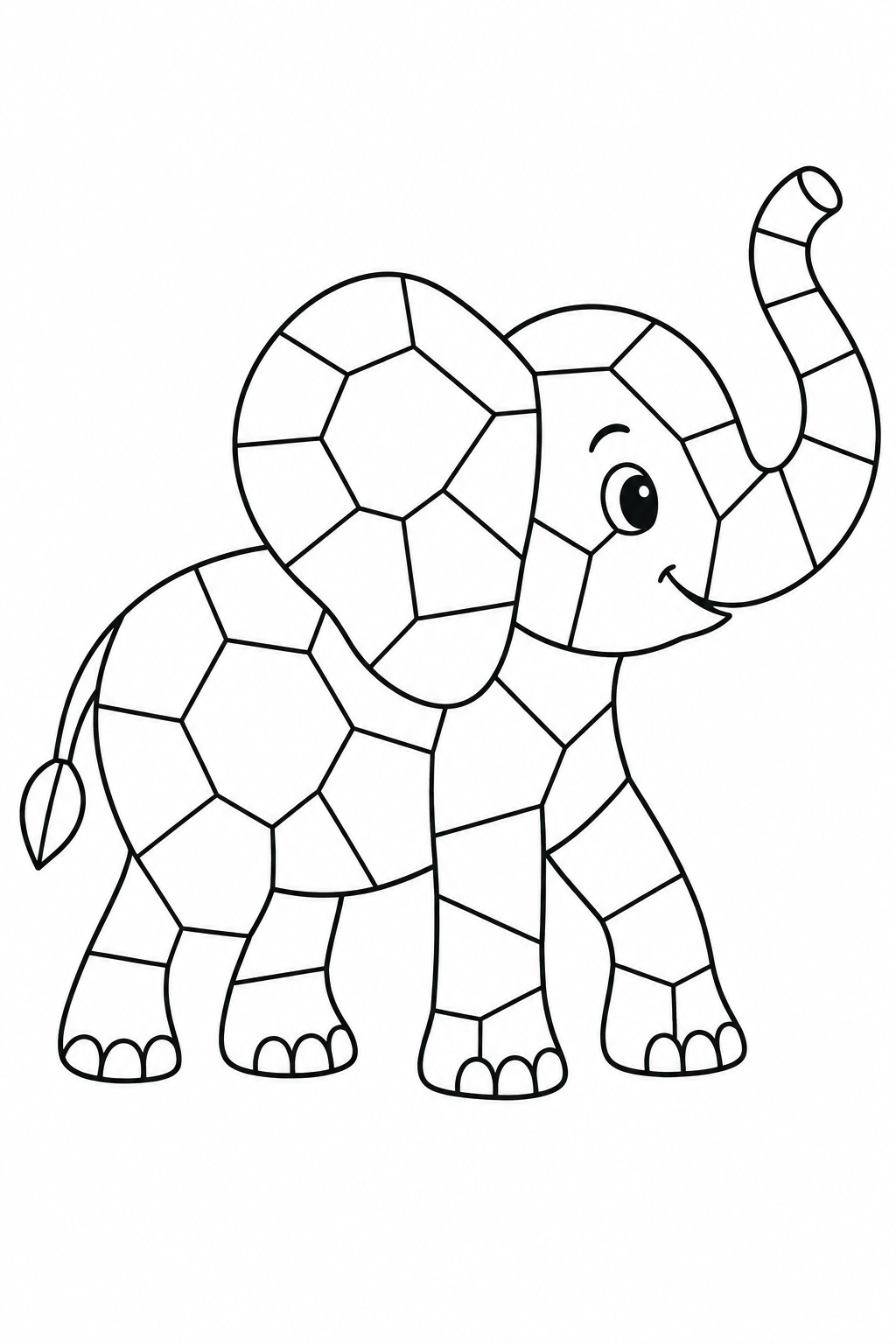 A friendly elephant raises its trunk, with broad mosaic pieces across its ear, body and legs.