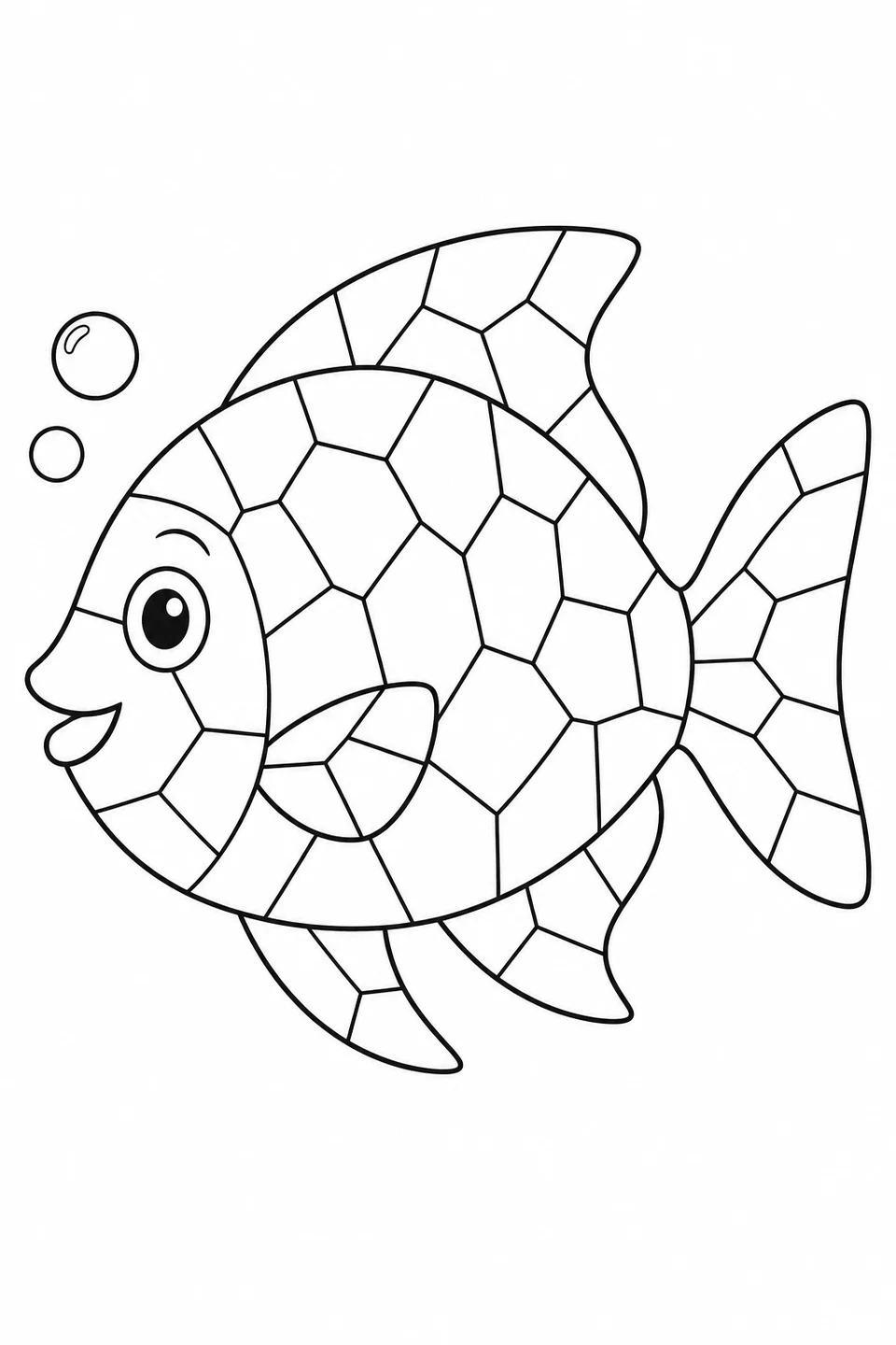 A fish with broad fins and a fan-shaped tail swims beside two bubbles, its shapes divided into mosaic pieces.