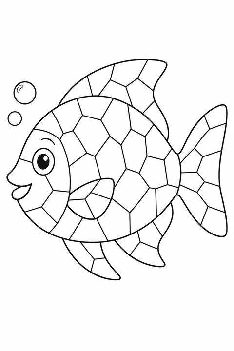 A fish with broad fins and a fan-shaped tail swims beside two bubbles, its shapes divided into mosaic pieces.