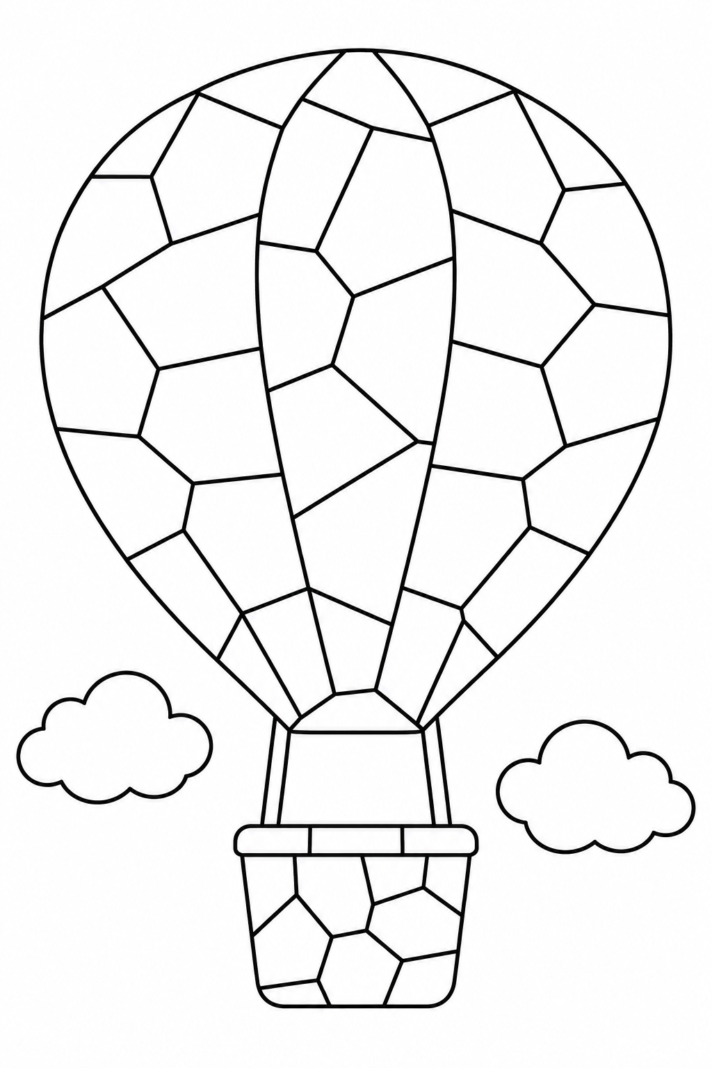 A mosaic balloon floats between two clouds, with a small basket suspended below.