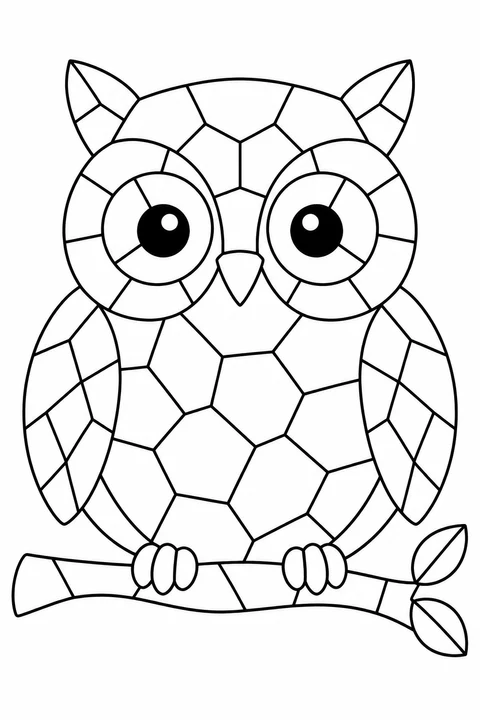 A friendly owl with round eyes sits on a branch, its body and wings divided into mosaic pieces.